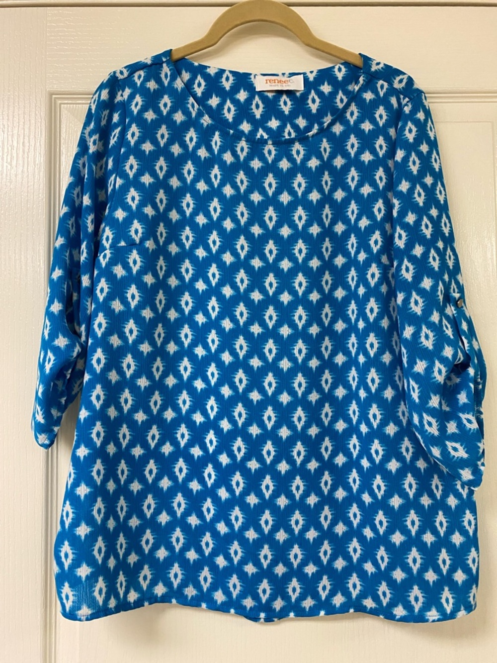 Renee C. Blue and White Ikat 3/4 Sleeve Top with Tabs on Sleeves